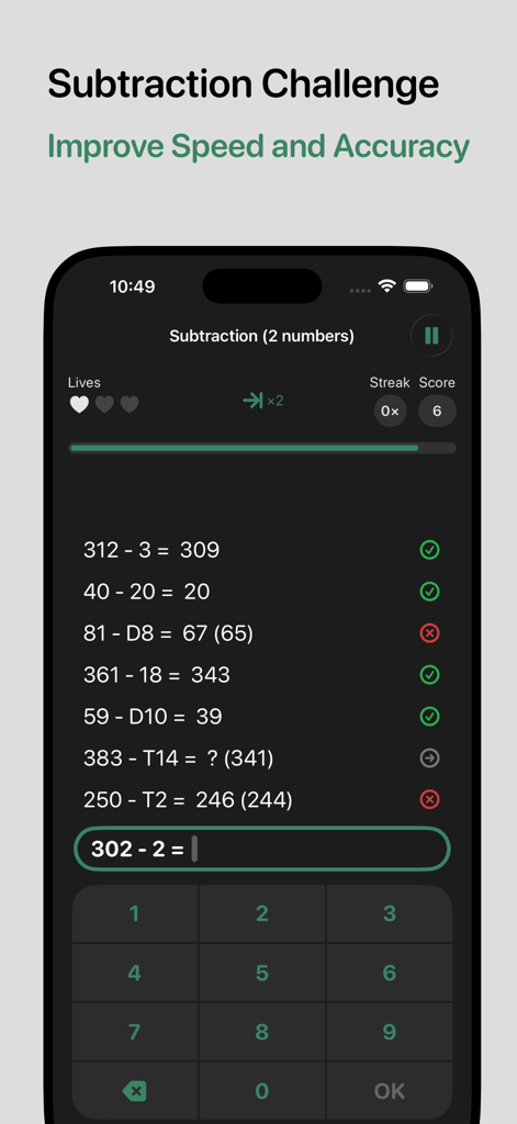 Darts Checkout Scorer - Subtraction challenge interface in the Darts Checkout Scorer app showing mental math practice for darts players