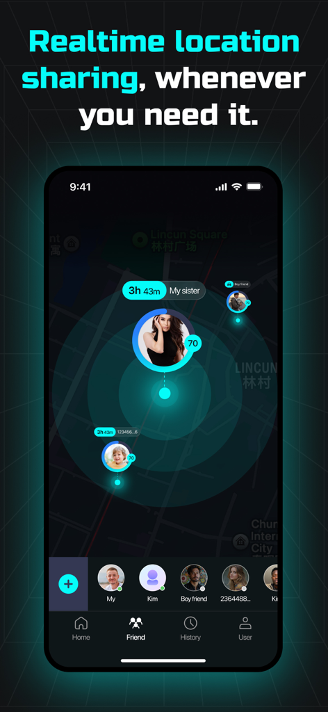 LoveTracker app interface displaying real-time location sharing on a dark map with friend avatars