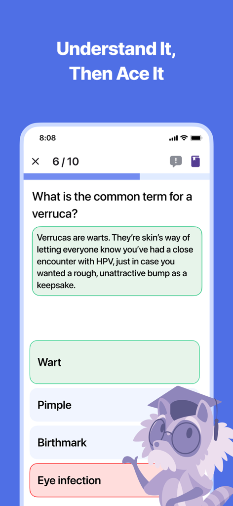 A practice question about verrucas on the Esthetician and Cosmetology 2026 exam prep app