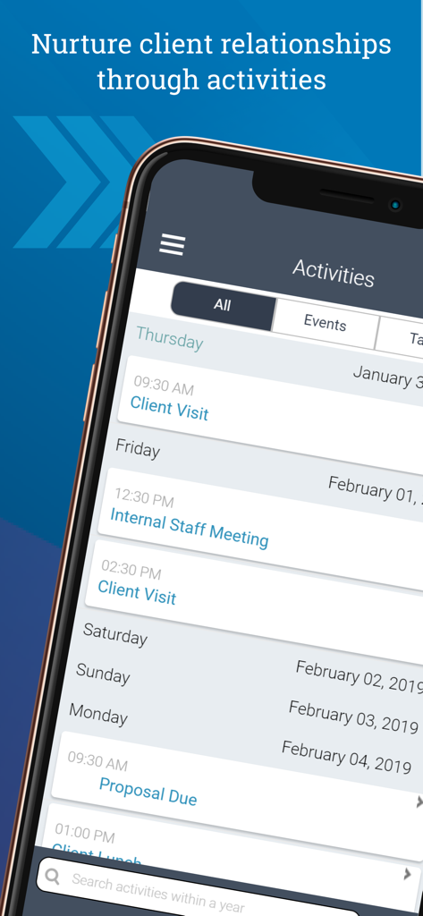 Deltek CRM for Vantagepoint - Deltek CRM for Vantagepoint app interface displaying a list of professional activities and client meetings