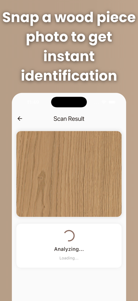 Mobile app interface showing the AI analysis of a wood grain photo for instant identification