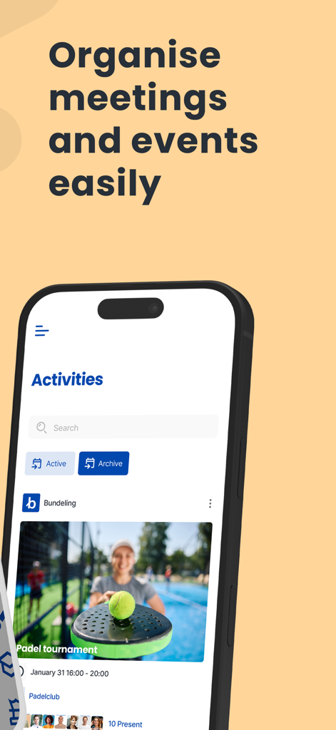 Bundeling - Interfaz de la aplicación Bundeling que muestra un panel de actividades con la lista de un evento de torneo de pádel