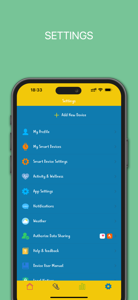 TIKKERS - Menu de configurações do aplicativo de rastreamento de atividades TIKKERS para crianças, mostrando opções para gerenciamento de perfil e dispositivos inteligentes.