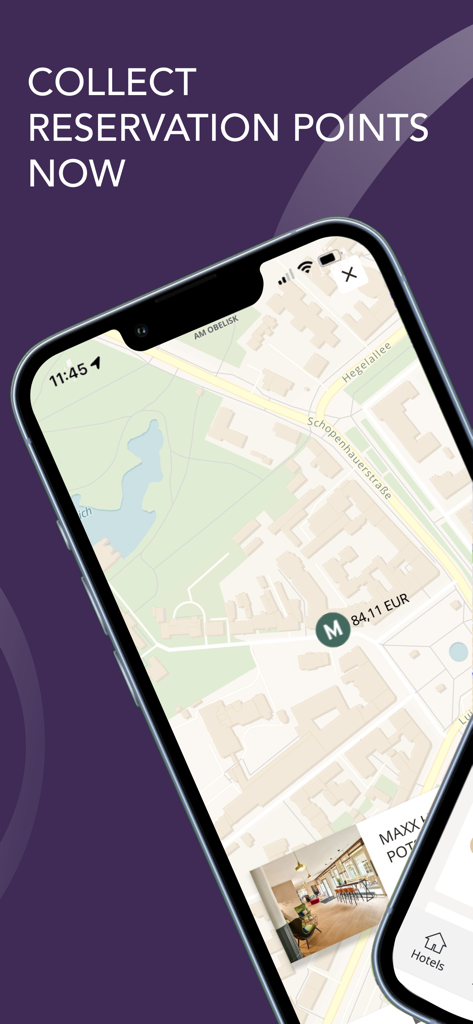 Map view in the H Rewards app showing hotel locations and prices in Euros.