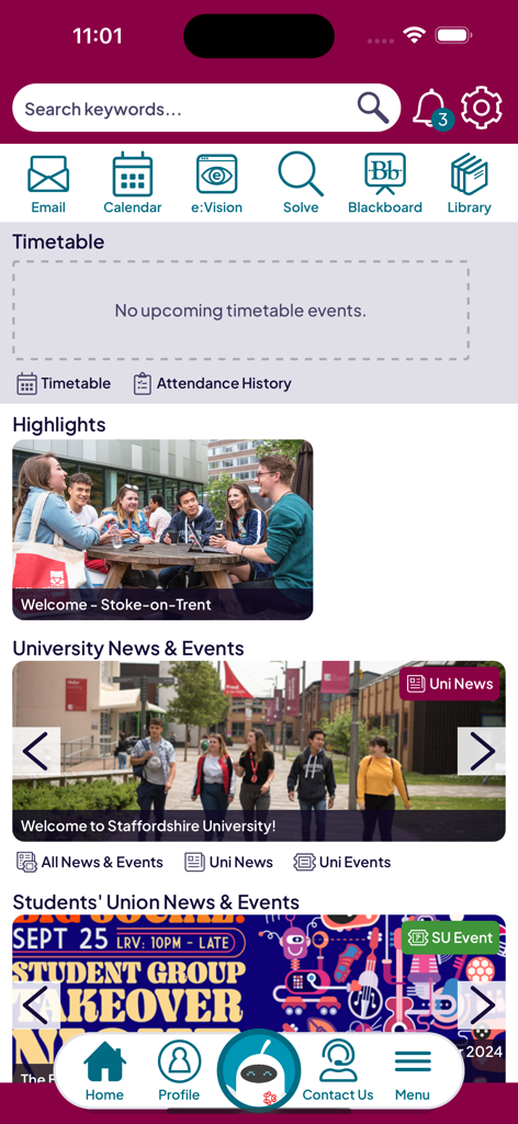 Beacon - Digital Guide - Home screen of the Beacon student app showing the timetable and university news sections.