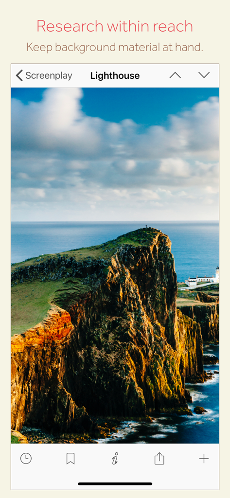 Scrivener mobile app interface showing a research image of a lighthouse for a screenplay project.