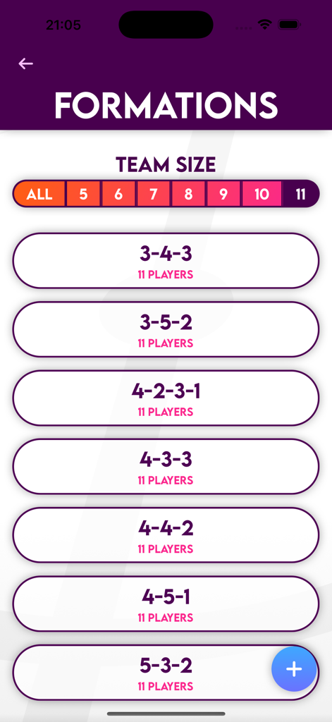 Football Lineup Manager - Écran de sélection des formations de football montrant diverses configurations tactiques pour différentes tailles d'équipe.