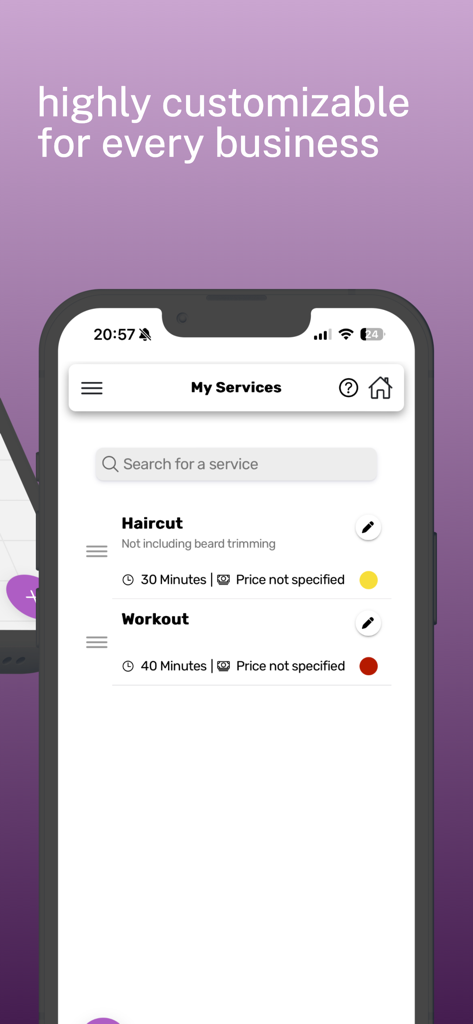 Dibs - Appointment Scheduling - Dibs 예약 일정 앱에서 사용자 정의 가능한 비즈니스 서비스를 보여주는 모바일 앱 인터페이스