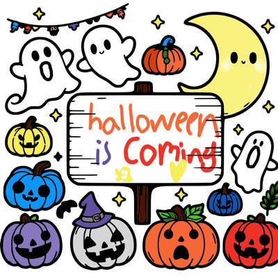 a white sign in the the middle of the image and around the sign there are halloween accessories like pumpkins and little cute ghosts