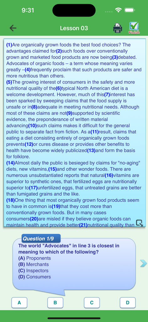 English Reading + - English reading lesson with a text passage and a vocabulary question on a mobile screen.