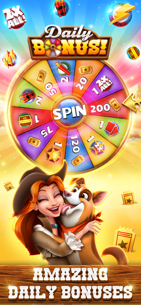 Una colorida rueda de bonificación diaria con una vaquera y su perro en Bingo Showdown.