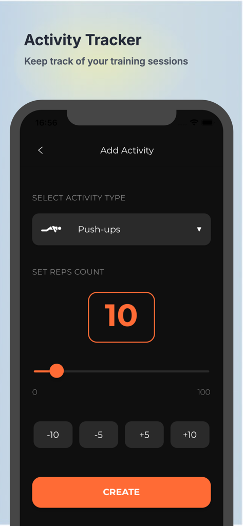 Uma tela de aplicativo móvel para o aplicativo Desafios PushUP mostrando uma interface de usuário para registrar repetições de flexão.