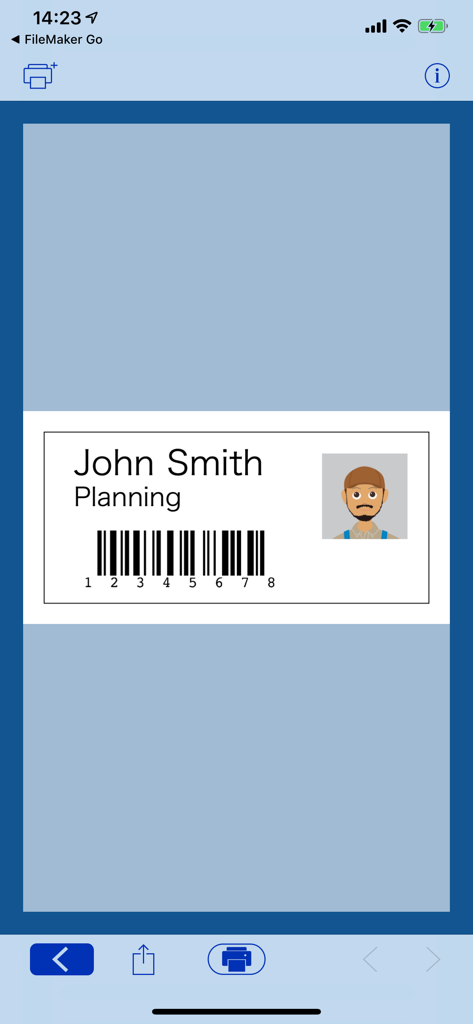 Interface of the PrintAssist app showing a preview of a barcode ID label ready for printing