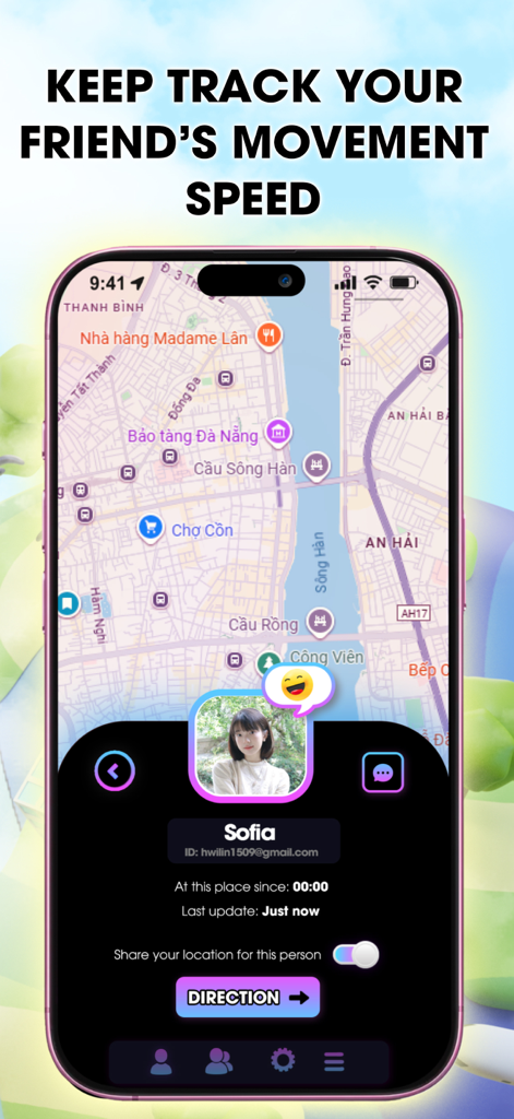 Zenly Share Location - Penlo - Pantalla de smartphone que muestra la interfaz de la aplicación Penlo para rastrear la ubicación y velocidad de movimiento en tiempo real de un amigo en un mapa.