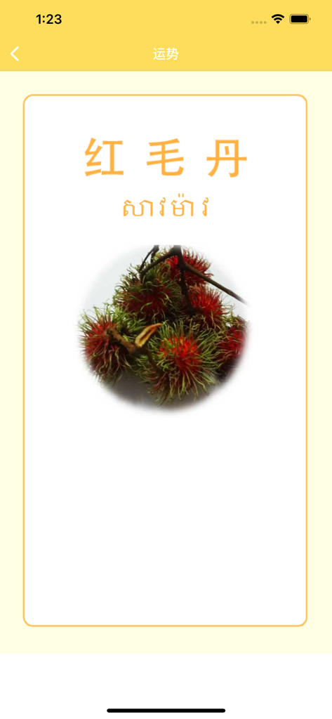 Khmer vocabulary flashcard for rambutan with Simplified Chinese text and Khmer script