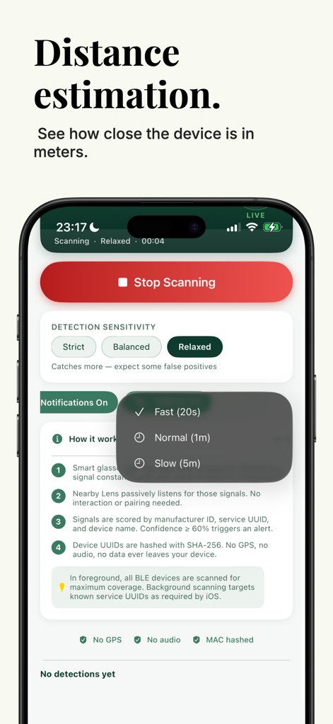Nearby Lens app interface showing scanning sensitivity settings and distance estimation info for smart glasses detection
