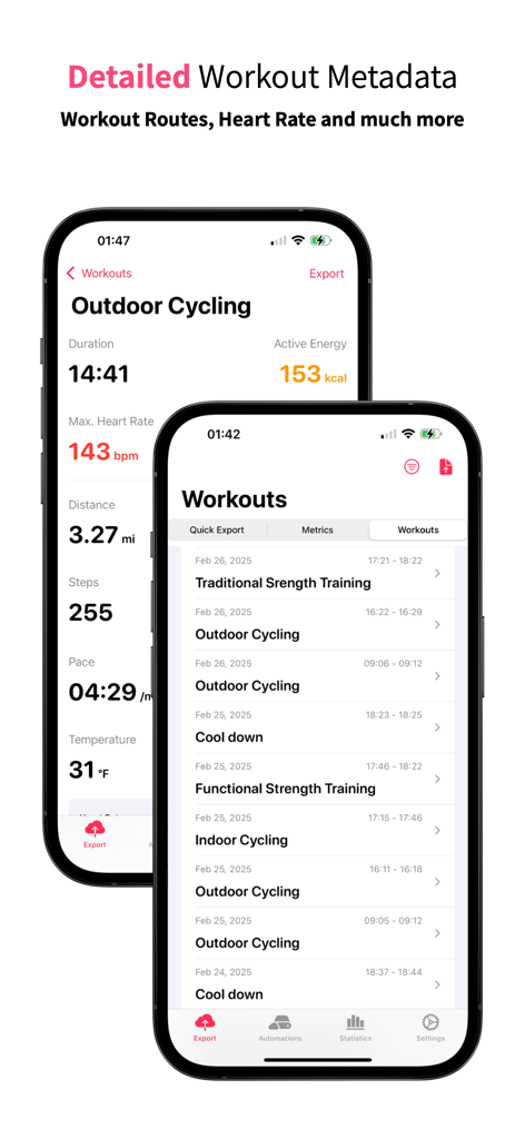 Screenshots of Health Auto Export app showing detailed outdoor cycling metrics and a list of fitness workouts