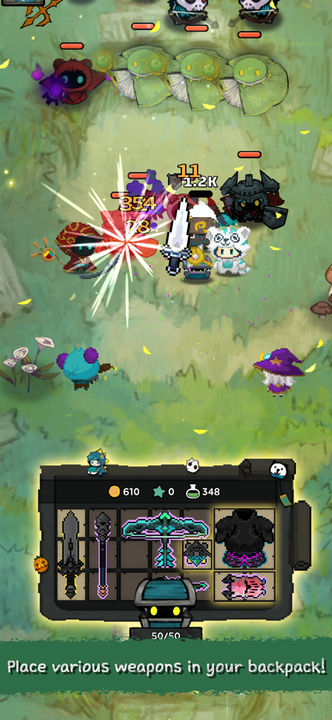 Pompo: Backpack Heroes - Pompo Backpack Heroes gameplay showing a battle scene and inventory management with various weapons and armor