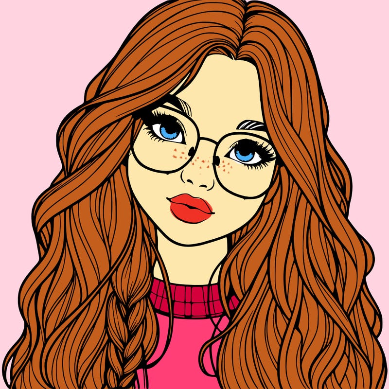 girl with long hair and freckles and glasses realistic