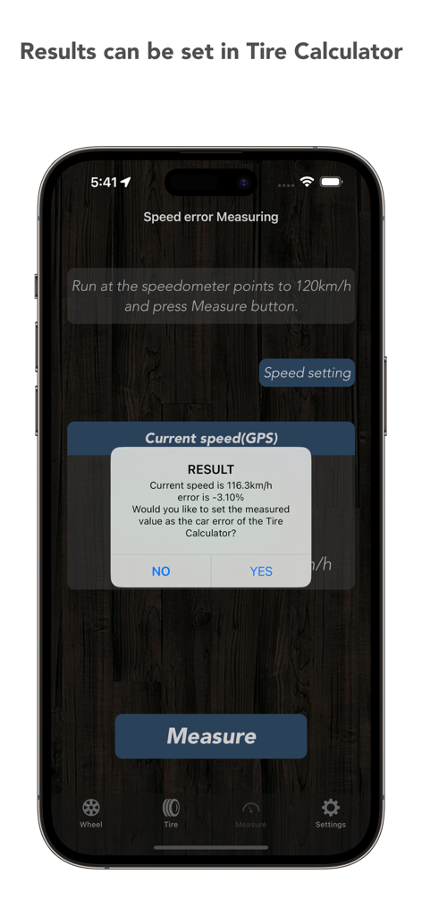 Tire Calculator (Offset&Speed) - GPS speedometer error measurement result displayed on the Tire Calculator mobile app
