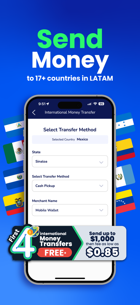 MyBambu Mobile-App-Oberfläche zum Senden internationaler Geldüberweisungen in über 17 Länder Lateinamerikas.
