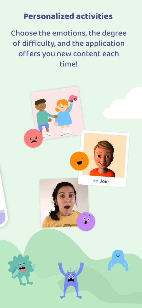 EMOFACE Play & Learn emotions - Interface of Emoface app displaying personalized activities for learning emotions using 3D avatars and real photos