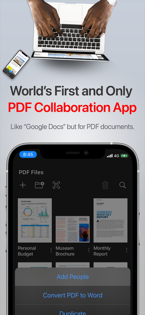 PDF Office Pro, Acrobat Expert - PDF Office Pro App-Oberfläche auf einem iPhone, die Echtzeit-Kollaborationsfunktionen und Dokumentenverwaltung zeigt