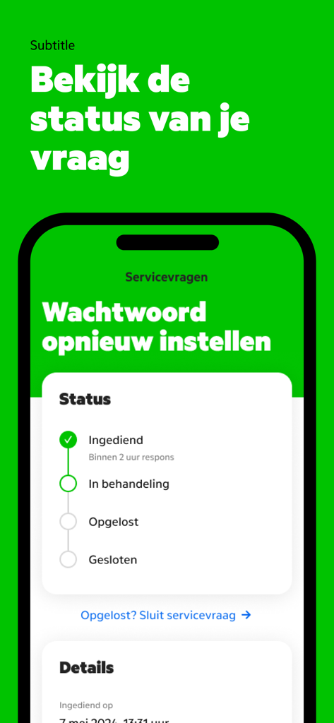A smartphone interface showing the tracking status of a business service request for a password reset in the MijnKPN Zakelijk app