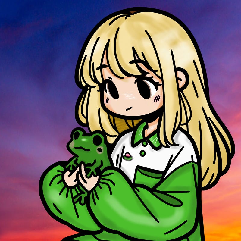 girl with long hair and a oversized shirt. and she is holding a frog