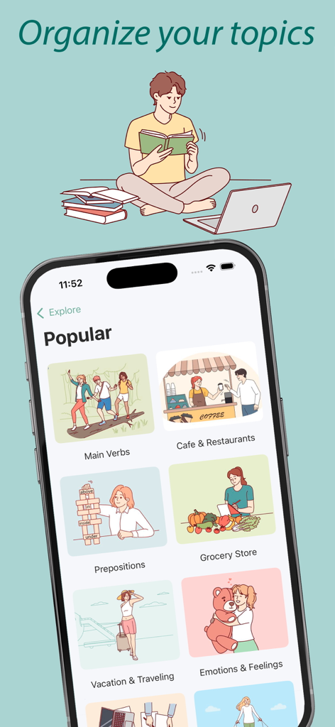 My Words: Vocabulary builder - A smartphone displaying organized vocabulary categories such as Prepositions and Vacation in the My Words app.