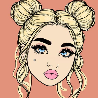 realistic girl with two buns on her hair and lips