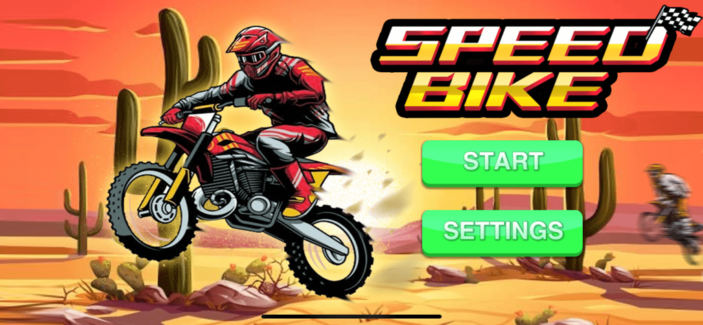 Moto Bike Race Speed Game - Start menu of the Moto Bike Race Speed Game featuring a motorcyclist performing a stunt in a desert landscape with start and settings buttons.
