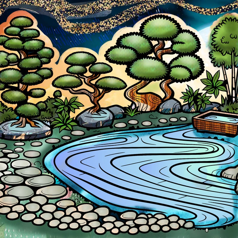 a serene zen garden with raked gravel, bonsai trees, and tranquil ponds