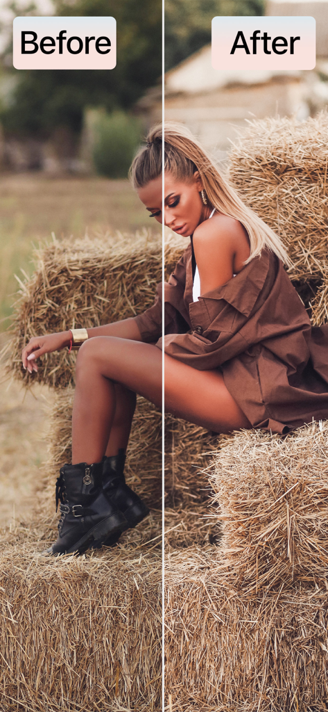 Before and after comparison of a photo edit showing a woman sitting on hay bales with a warm preset