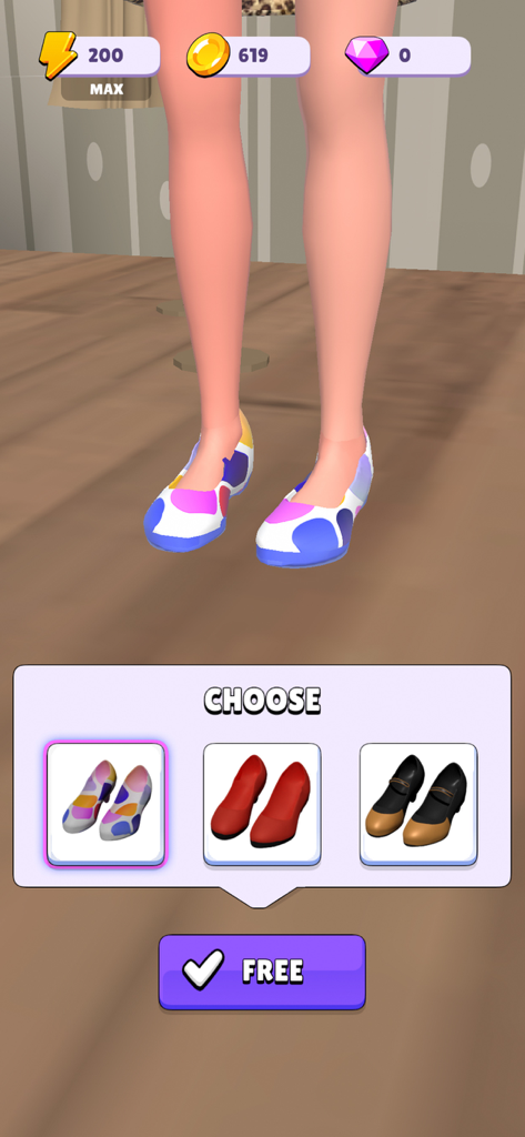 Fashion Merge Game: Super Life - Personaje estilista seleccionando zapatos coloridos en el Juego de Fusión de Moda