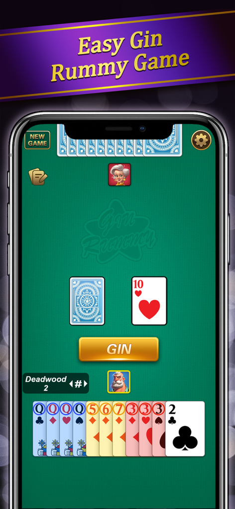 Gin Rummy - Classic Card Game· - Mobile gameplay screen of Gin Rummy showing a player hand and game board on a green table interface