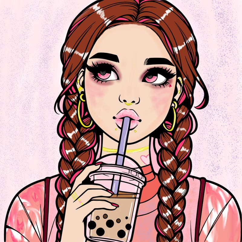 realistic girl with braided hair drinking boba