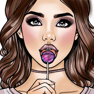 a realistic girl with a lollipop in her mouth