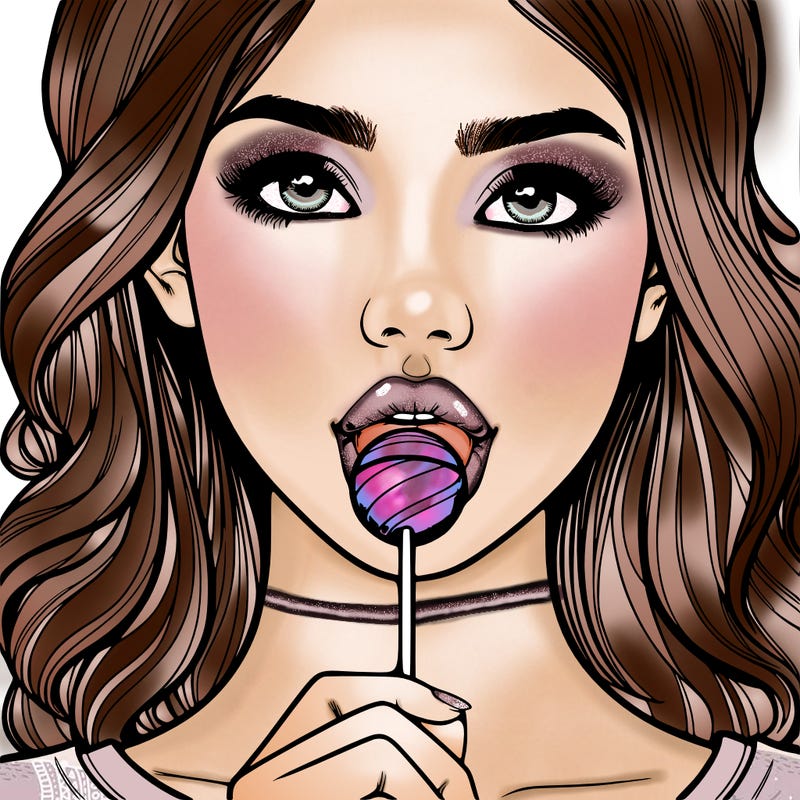 a realistic girl with a lollipop in her mouth