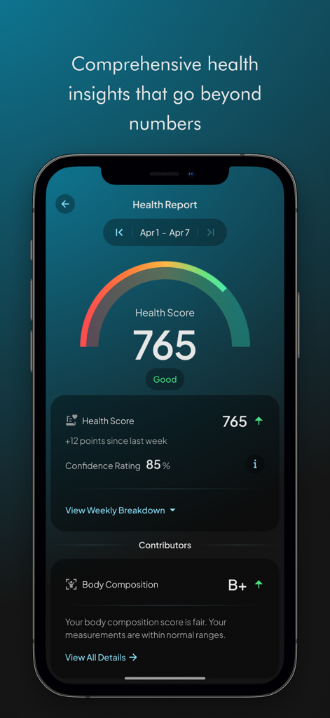 Interfaz de la aplicación Hume Health que muestra un informe de salud semanal con una puntuación de salud numérica y una calificación de composición corporal.