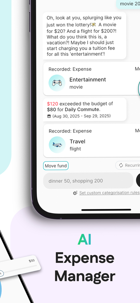 Interfaz de chat IA conversacional para rastrear gastos y gestionar presupuestos en la app Rolly