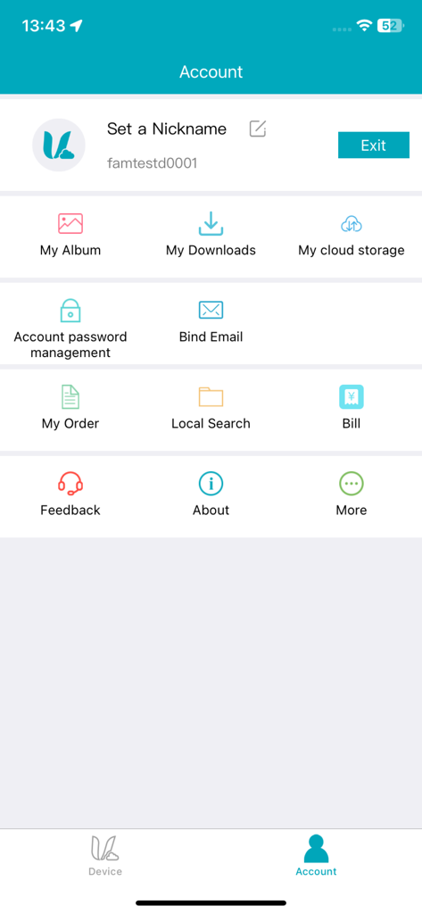 Vimtag - Vimtag mobile app account settings interface with cloud storage and user profile options