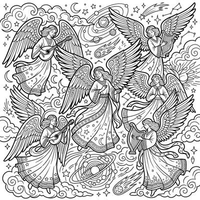 Discover a breathtaking fantasy scene featuring majestic angels surrounded by a celestial dreamscape. This intricate coloring page invites you to bring divine beauty and cosmic wonder to life with your favorite colors.
