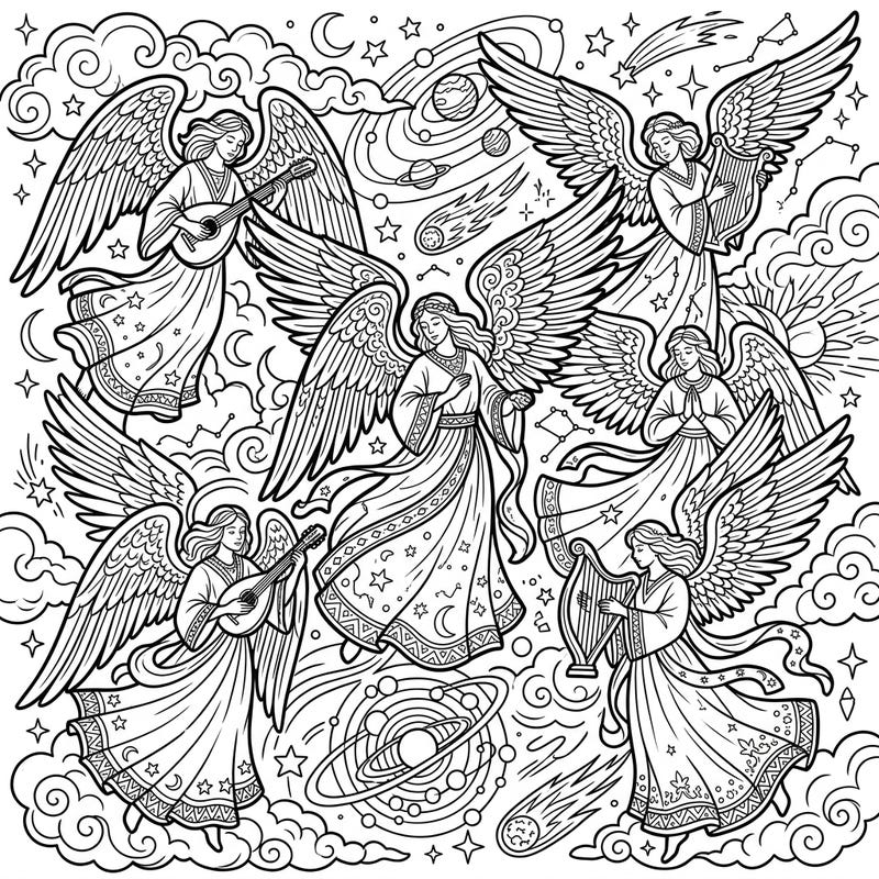 Discover a breathtaking fantasy scene featuring majestic angels surrounded by a celestial dreamscape. This intricate coloring page invites you to bring divine beauty and cosmic wonder to life with your favorite colors.