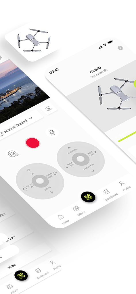 ドローンの手動コントロールとライブビデオフィードを表示するWiFi CAMアプリのインターフェース
