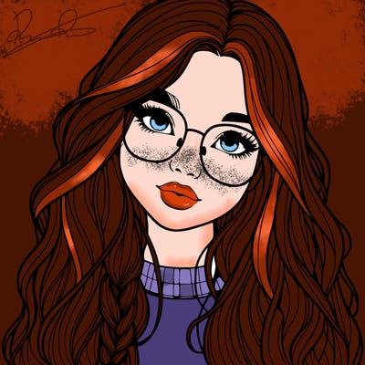 girl with long hair and freckles and glasses realistic
