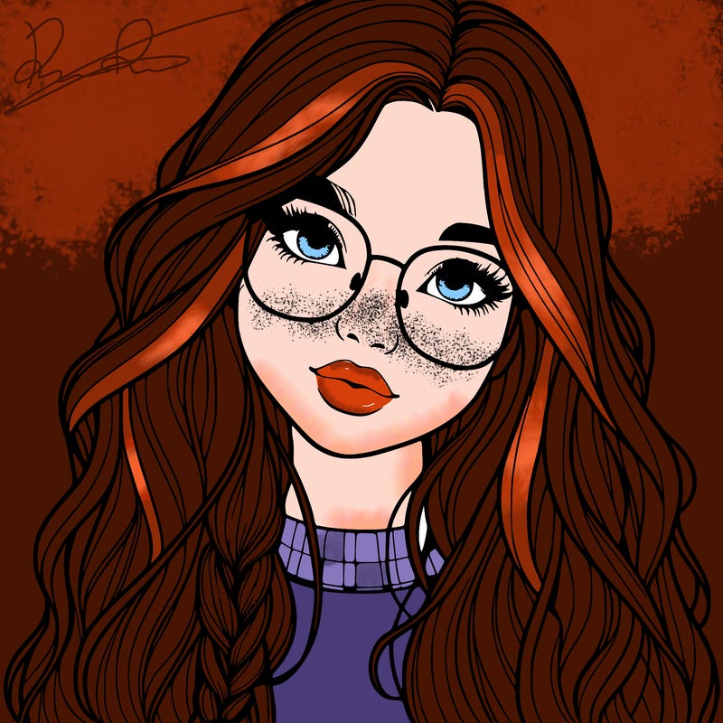 girl with long hair and freckles and glasses realistic