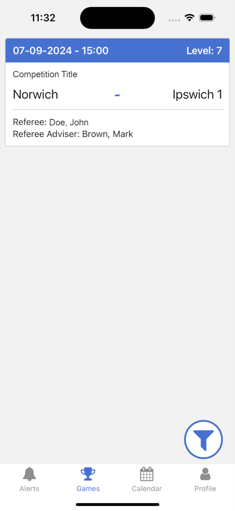 WhosTheRef app showing match details and referee assignments