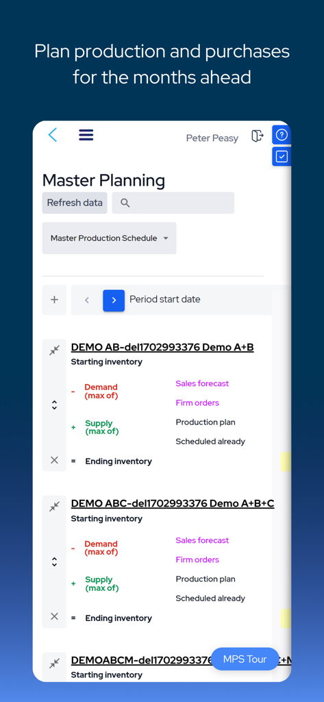 MRPeasy - MRPeasy mobile app interface showing master planning and production scheduling for manufacturers