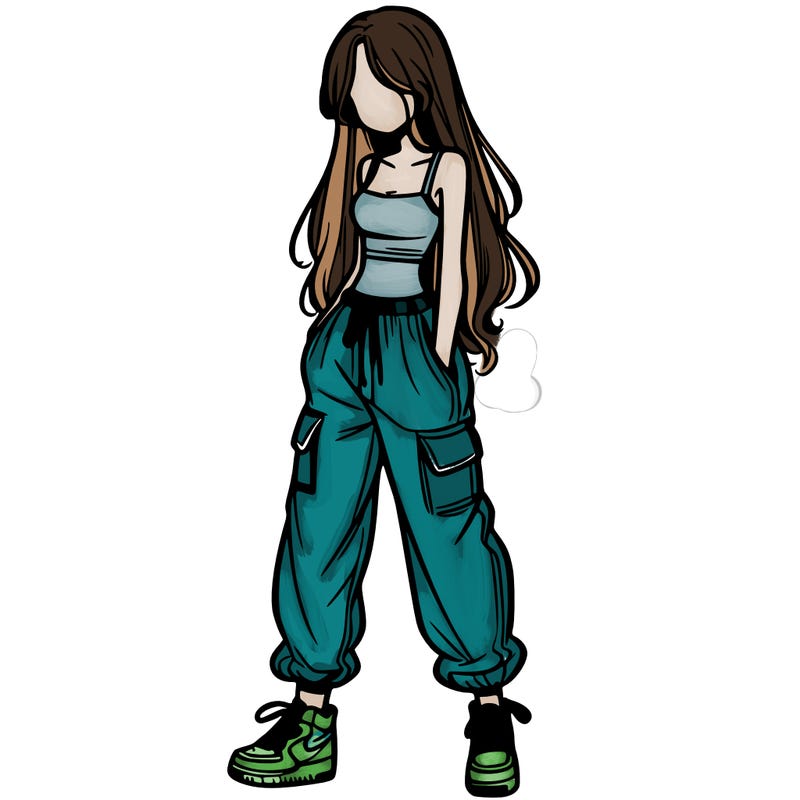 girl in baggy pants crop top and long hair